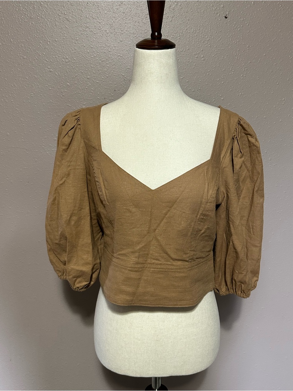 Express Puff Sleeve Sweetheart Neck Smocked Crop Top Linen Blend brown Pink sz M